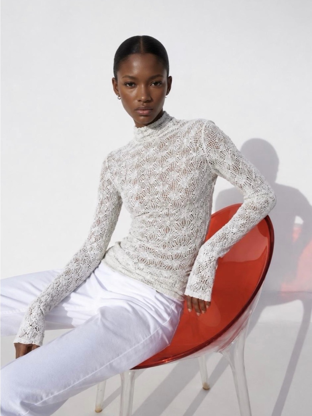 Zara Lace Mock Neck Long-Sleeve Top - White